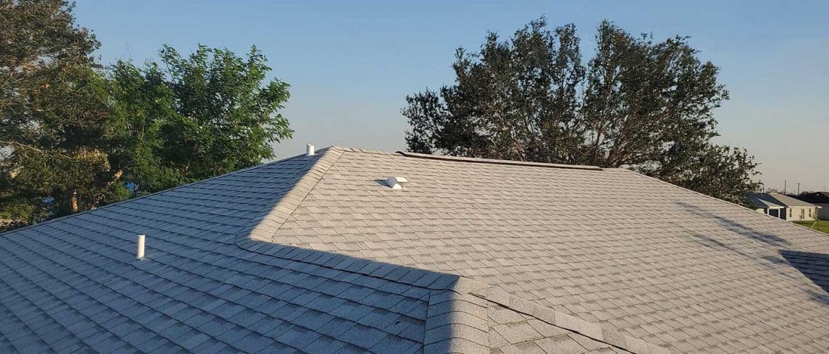 Newly installed gray shingle roof